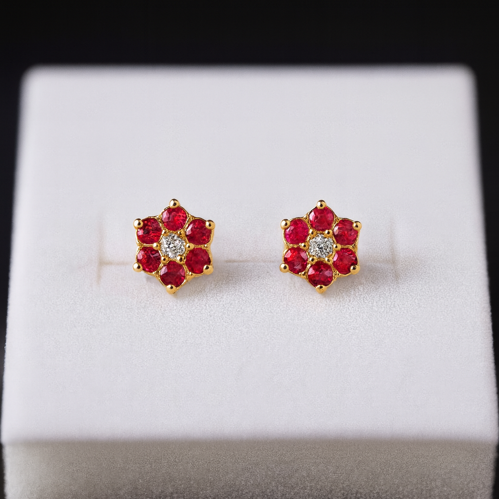9kt Gold Red Floral Earstuds